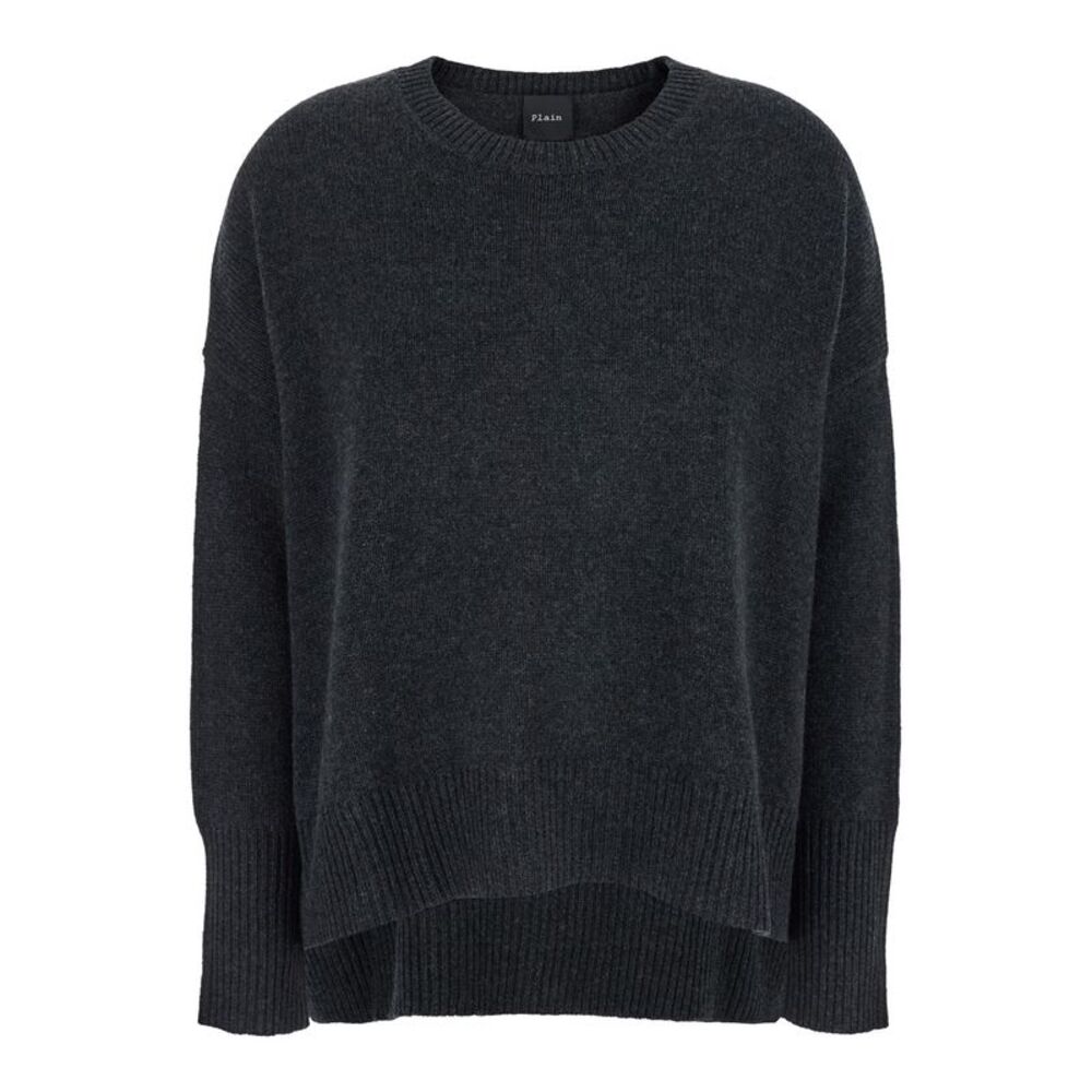 Plain Dark Grey Oversized Crewneck Sweater In Cashmere Woman